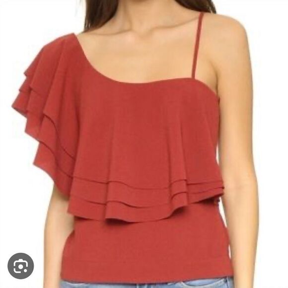 Designer Remix Wake Flare One Shoulder Ruffle Blouse Red Size XXS - Picture 4 of 4